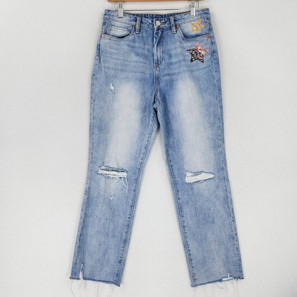 BLANKNYC Jeans Womens 28 Blue Madison Cropped Star Patch Distressed High Rise - Picture 1 of 16